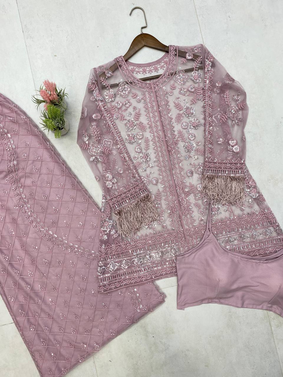 Function Wear Dusty Pink Butterfly Net With Sequence Embroidery Work Palazzo Suit