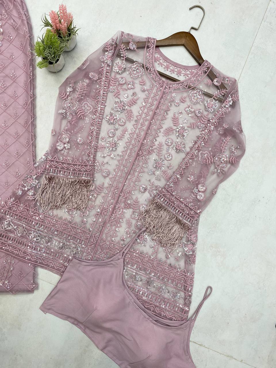 Function Wear Dusty Pink Butterfly Net With Sequence Embroidery Work Palazzo Suit