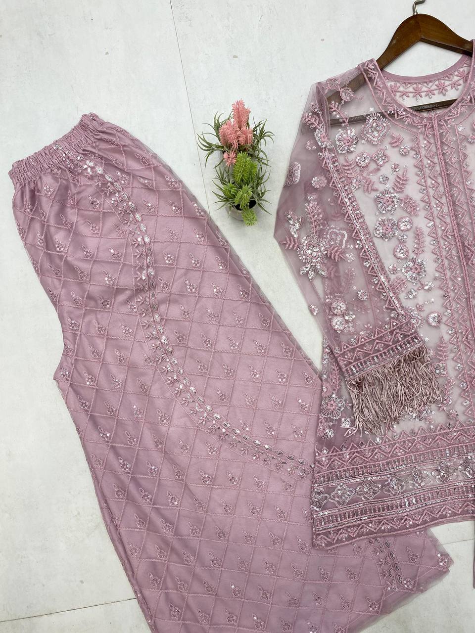 Function Wear Dusty Pink Butterfly Net With Sequence Embroidery Work Palazzo Suit