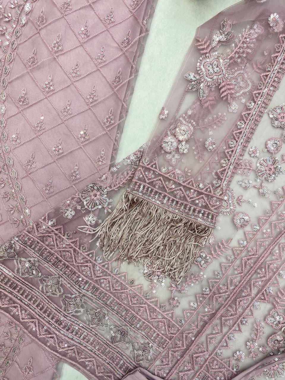Function Wear Dusty Pink Butterfly Net With Sequence Embroidery Work Palazzo Suit