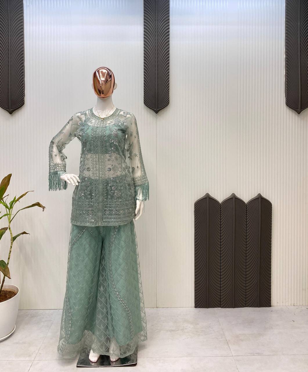 Function Wear Green Butterfly Net With Sequence Embroidery Work Palazzo Suit