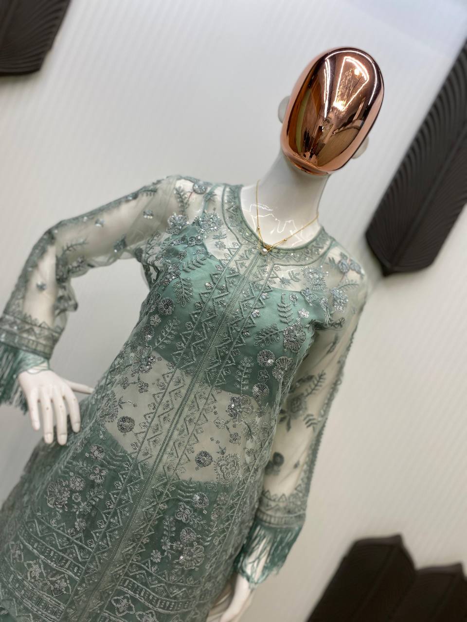 Function Wear Green Butterfly Net With Sequence Embroidery Work Palazzo Suit
