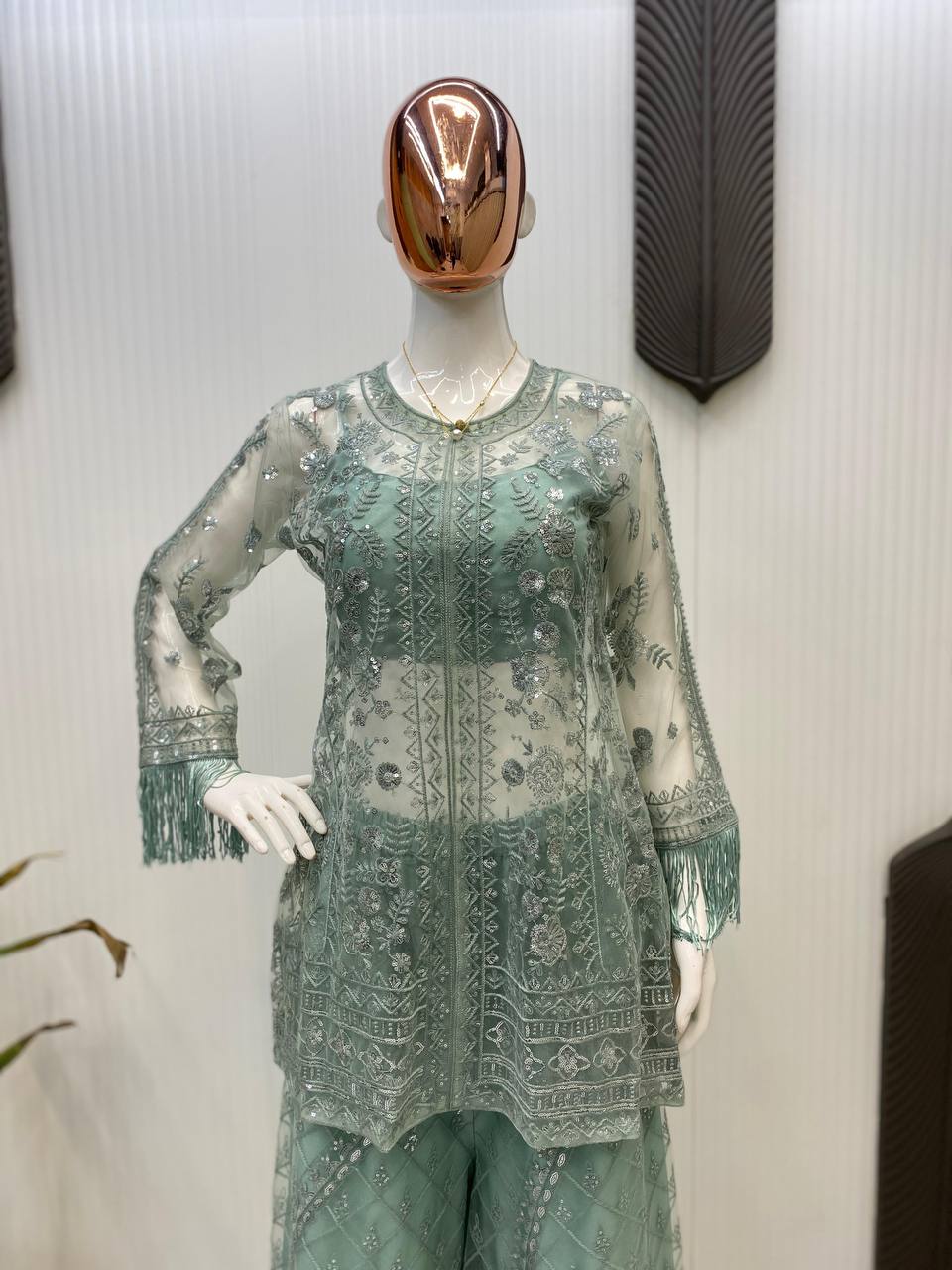 Function Wear Green Butterfly Net With Sequence Embroidery Work Palazzo Suit