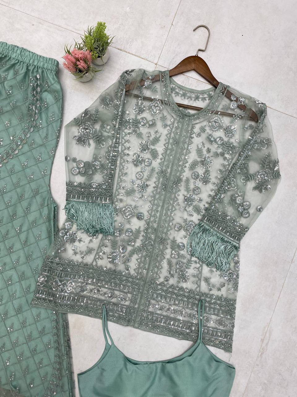 Function Wear Green Butterfly Net With Sequence Embroidery Work Palazzo Suit