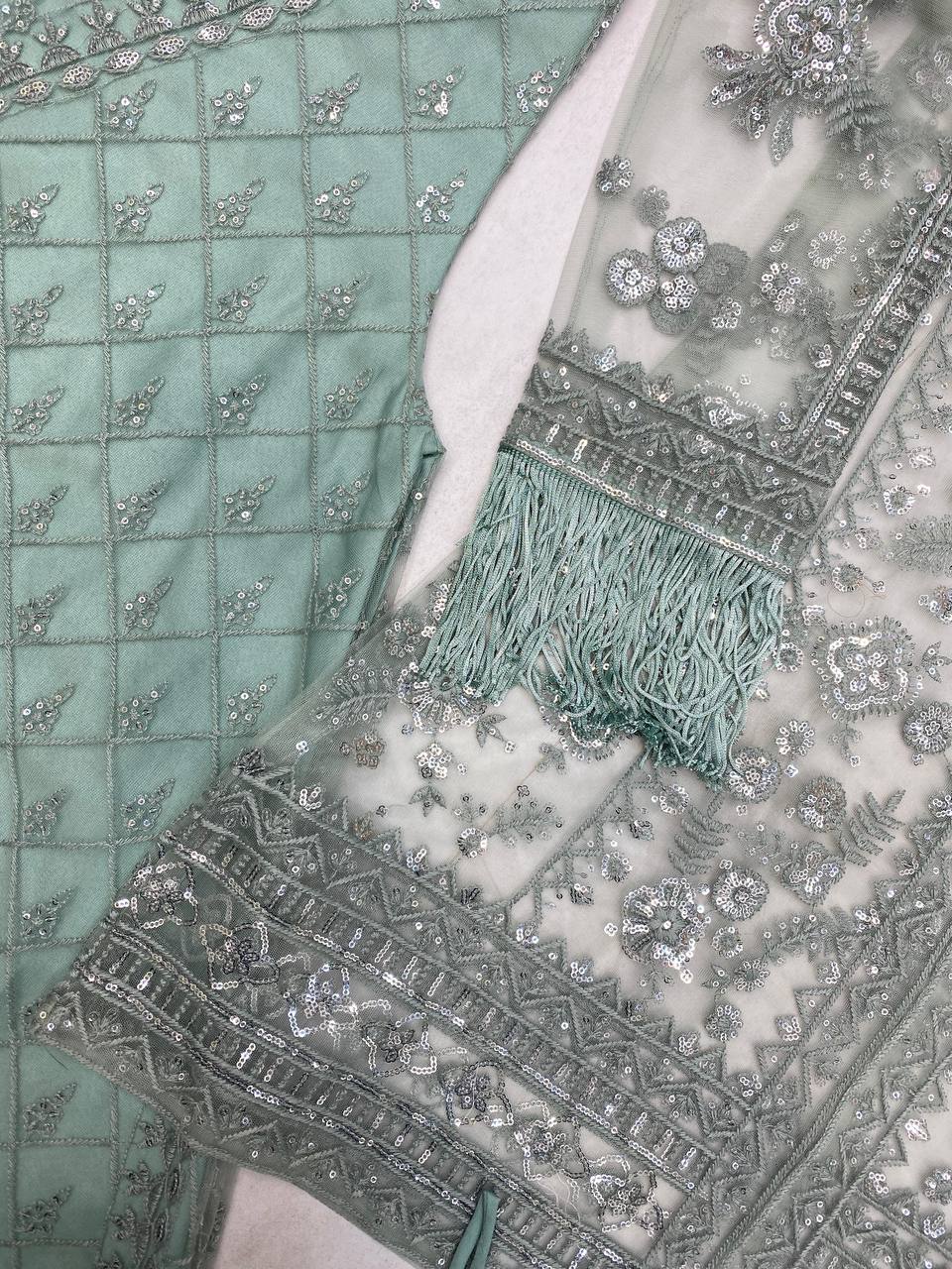 Function Wear Green Butterfly Net With Sequence Embroidery Work Palazzo Suit