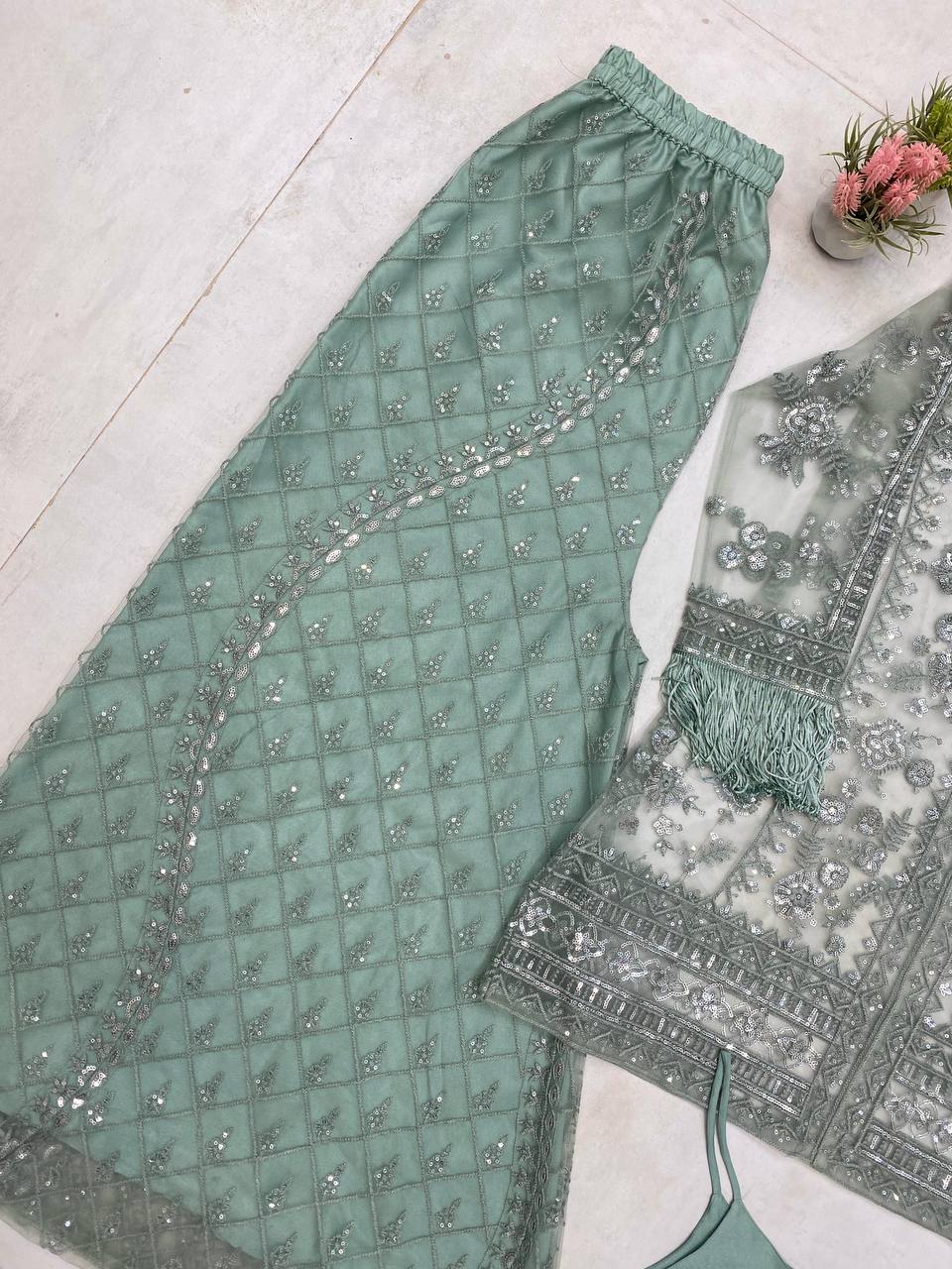 Function Wear Green Butterfly Net With Sequence Embroidery Work Palazzo Suit