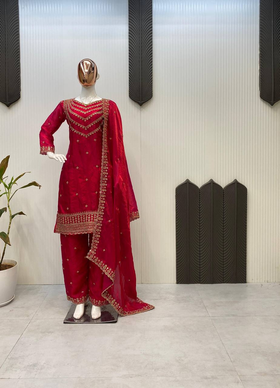 Blissful Dark Red Color Fendi Silk Sequence Embroidery Work Salwar Suit