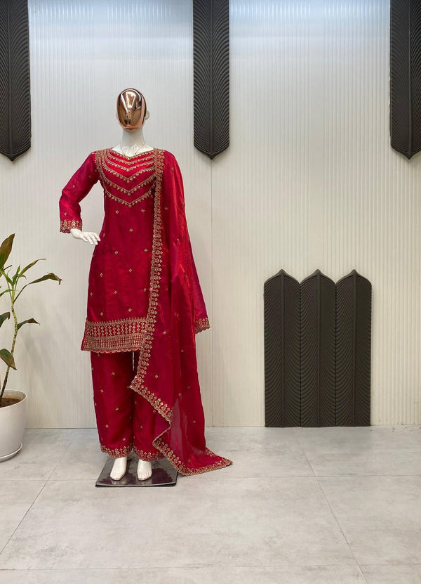 Blissful Dark Red Color Fendi Silk Sequence Embroidery Work Salwar Suit