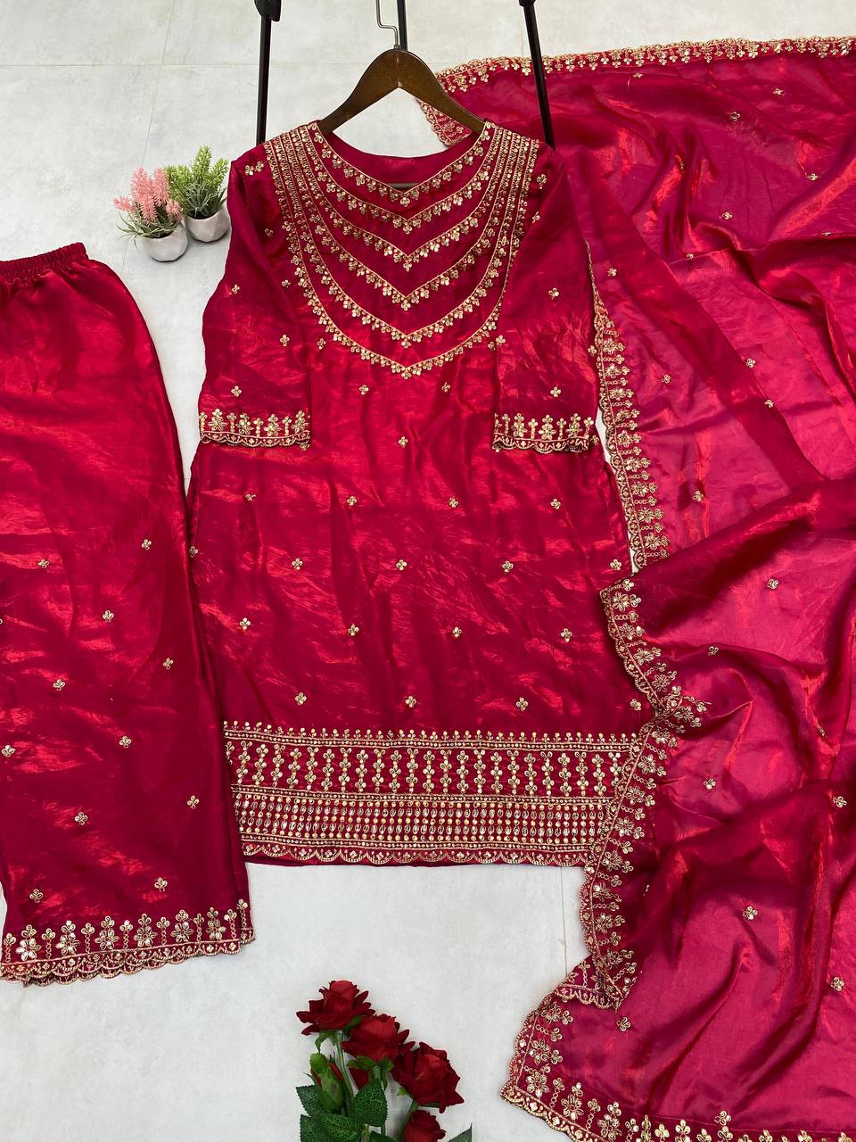 Blissful Dark Red Color Fendi Silk Sequence Embroidery Work Salwar Suit