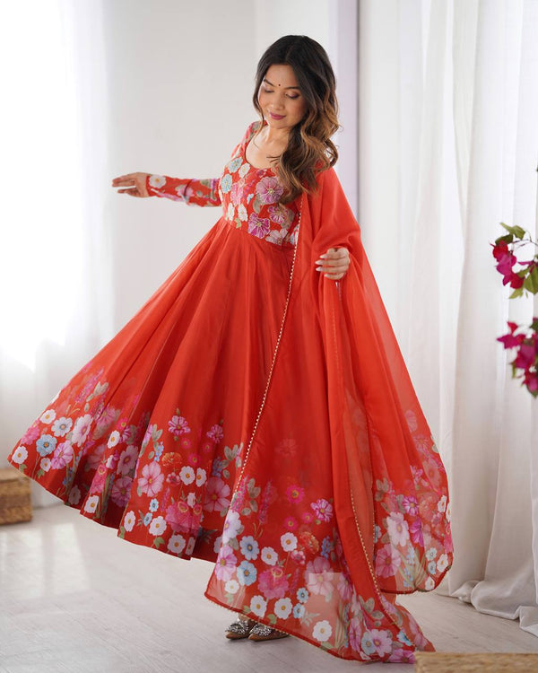 Party Wear Pure Soft Organza Silk Print Multi Flower Print Orange Color Anarkali Suit