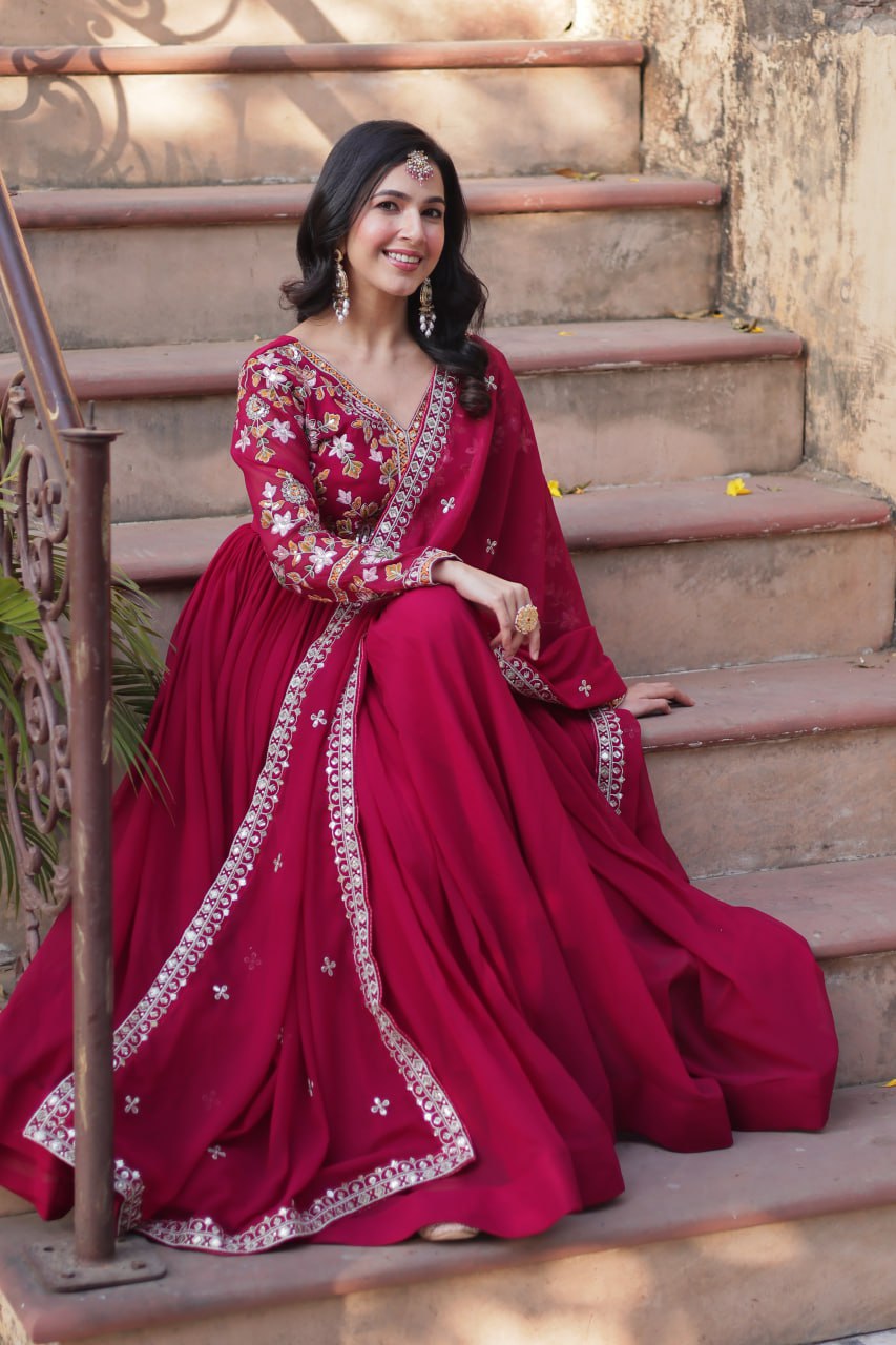 Marriage Special Pink Color Faux Blooming With Embroidery Zari Sequins Work Designer Gown