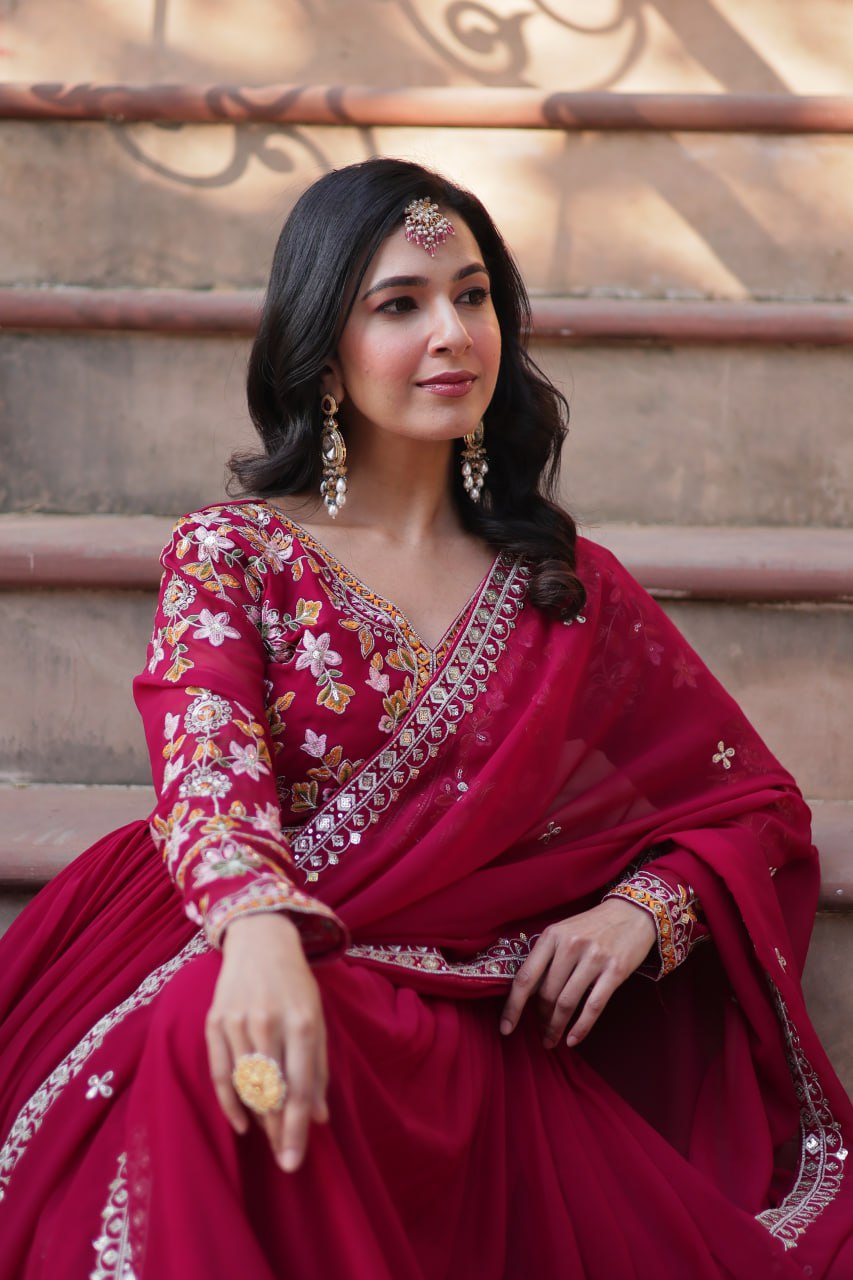 Marriage Special Pink Color Faux Blooming With Embroidery Zari Sequins Work Designer Gown