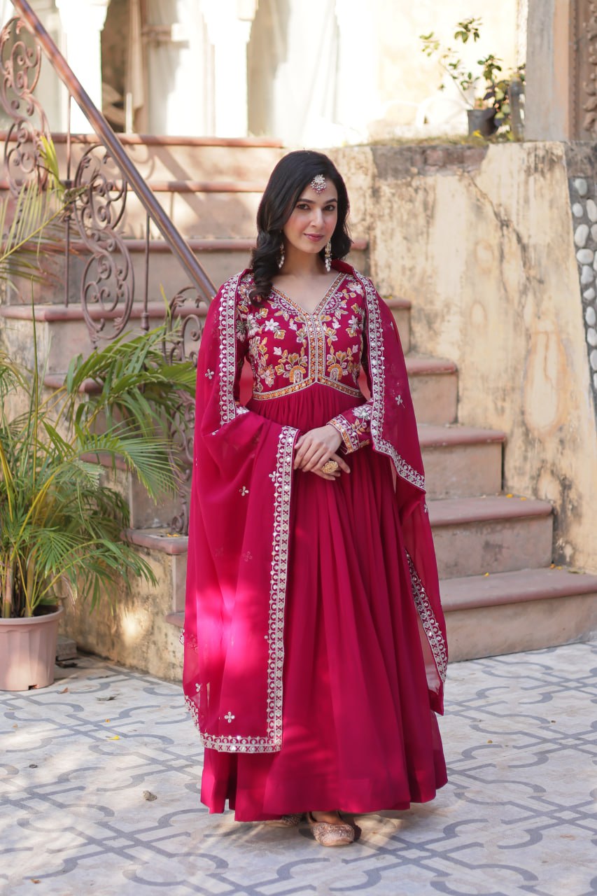 Marriage Special Pink Color Faux Blooming With Embroidery Zari Sequins Work Designer Gown