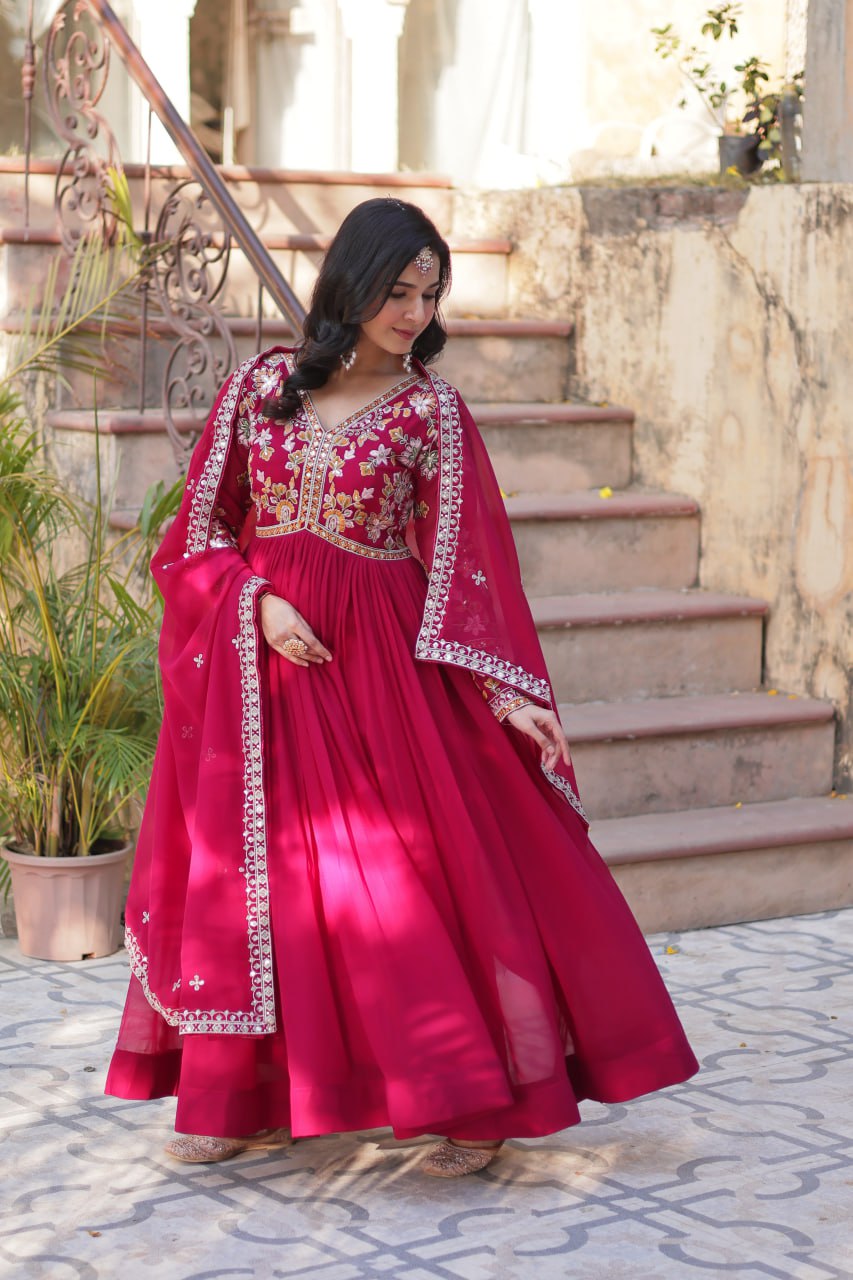 Marriage Special Pink Color Faux Blooming With Embroidery Zari Sequins Work Designer Gown