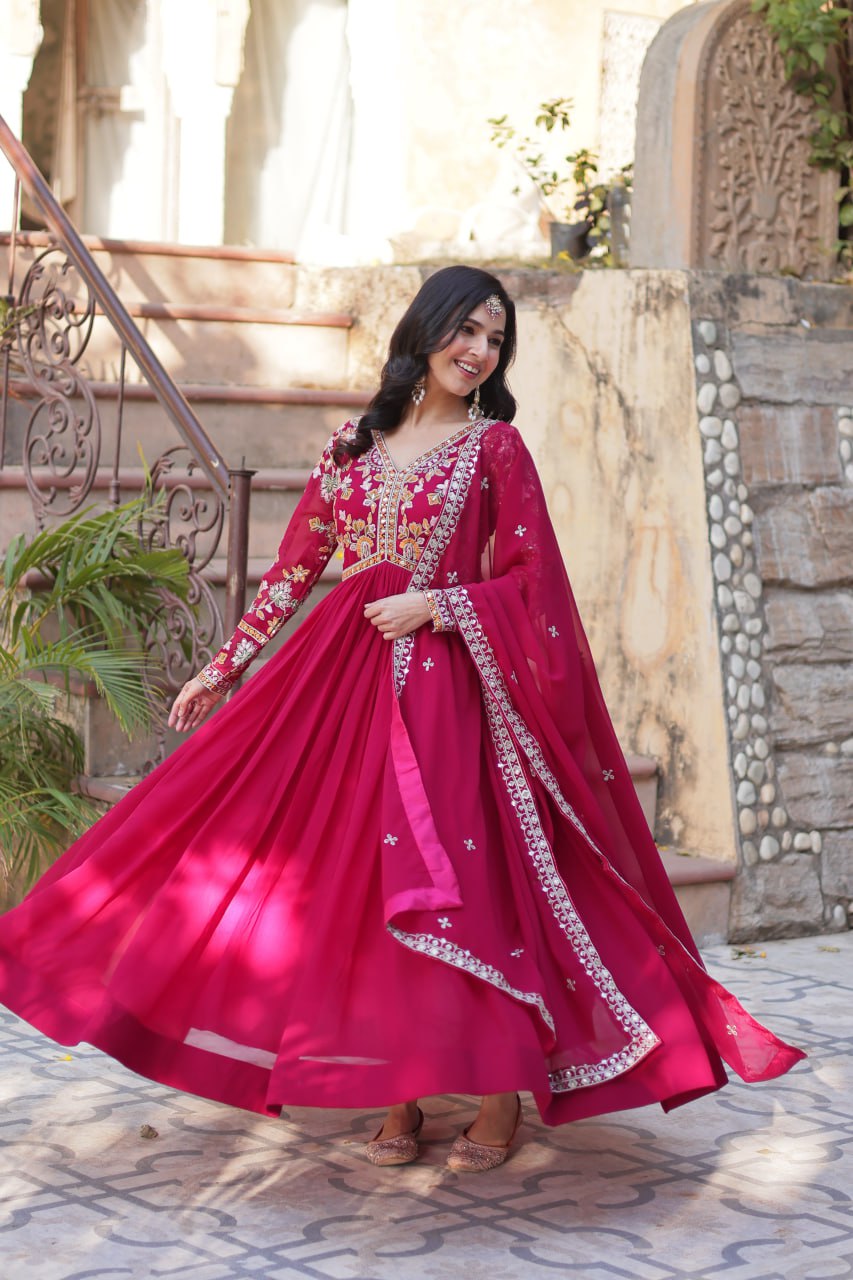 Marriage Special Pink Color Faux Blooming With Embroidery Zari Sequins Work Designer Gown