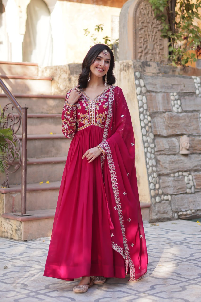 Marriage Special Pink Color Faux Blooming With Embroidery Zari Sequins Work Designer Gown