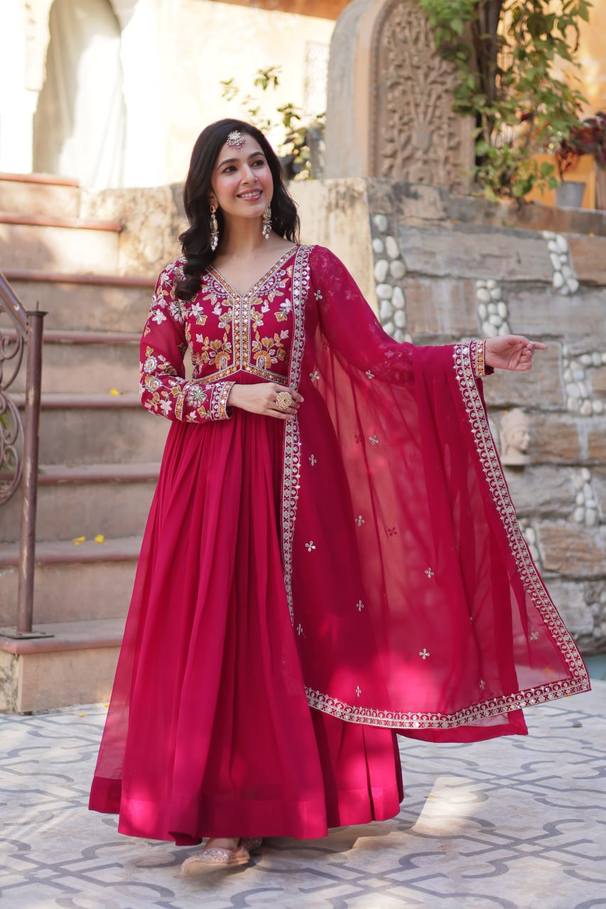 Marriage Special Pink Color Faux Blooming With Embroidery Zari Sequins Work Designer Gown