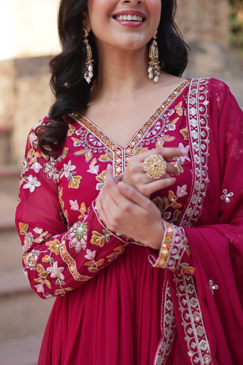 Marriage Special Pink Color Faux Blooming With Embroidery Zari Sequins Work Designer Gown