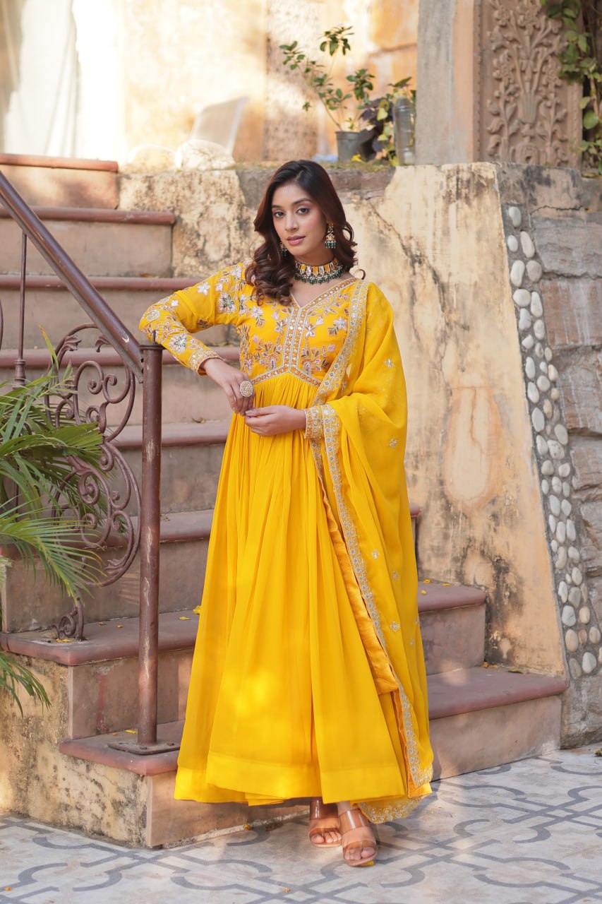 Marriage Special Yellow Color Faux Blooming With Embroidery Zari Sequins Work Designer Gown