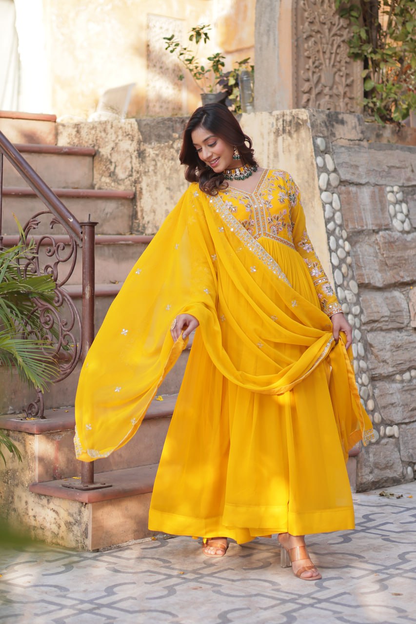 Marriage Special Yellow Color Faux Blooming With Embroidery Zari Sequins Work Designer Gown