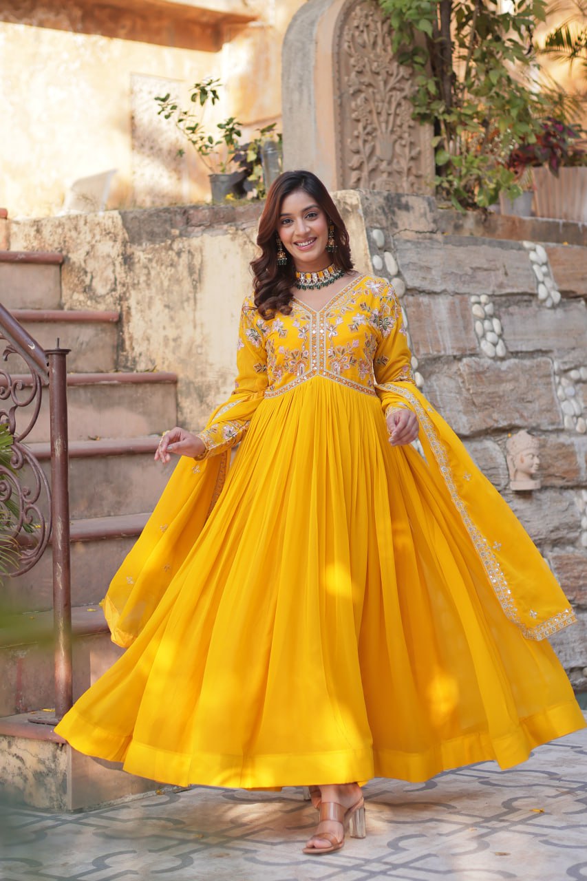 Marriage Special Yellow Color Faux Blooming With Embroidery Zari Sequins Work Designer Gown