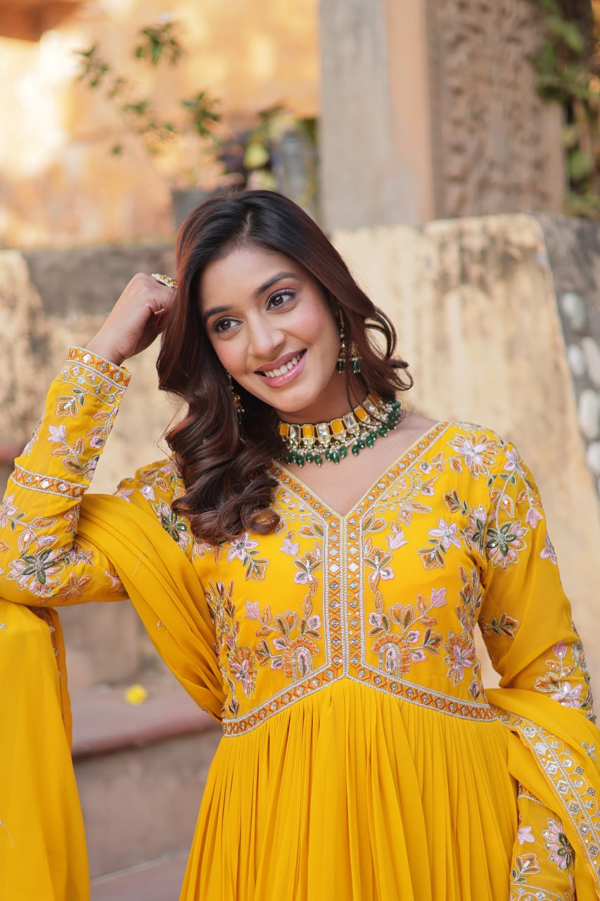 Marriage Special Yellow Color Faux Blooming With Embroidery Zari Sequins Work Designer Gown