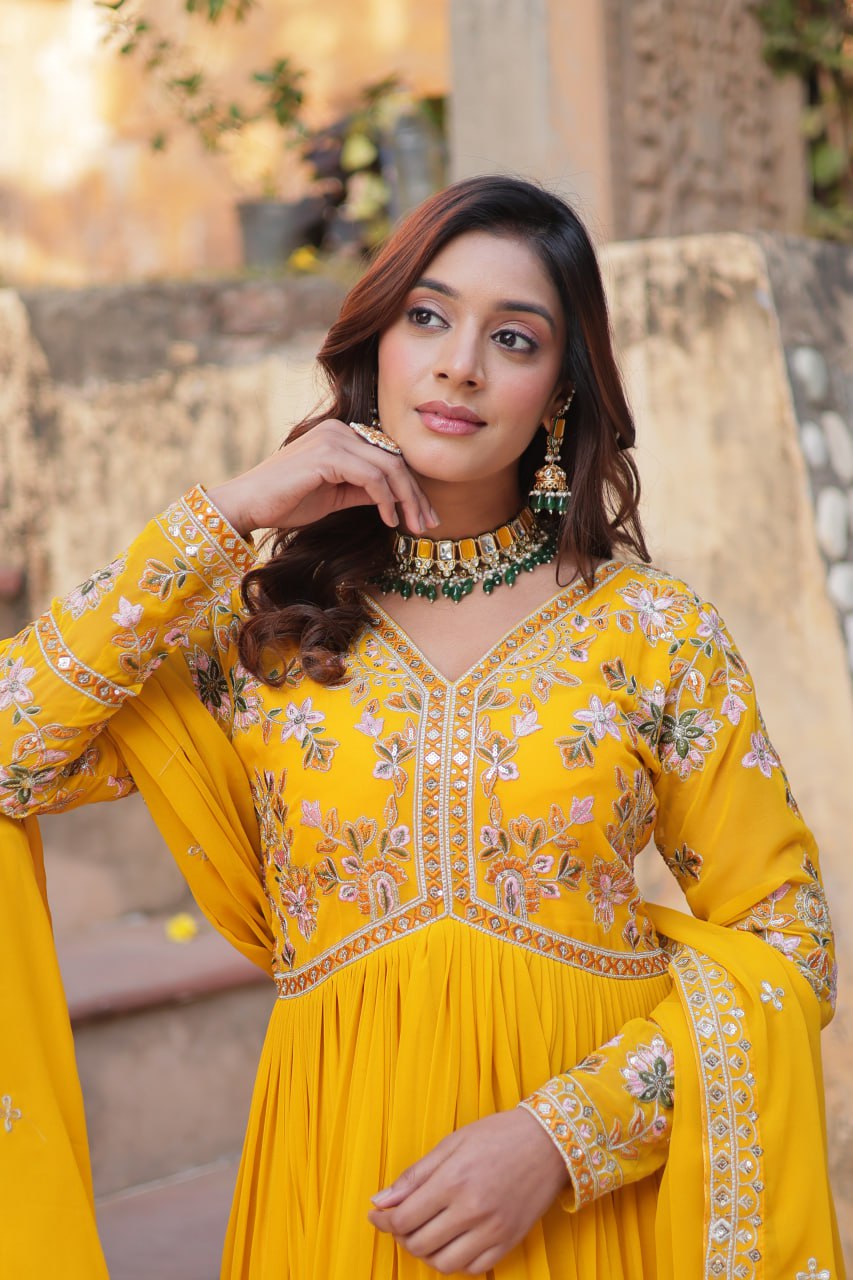 Marriage Special Yellow Color Faux Blooming With Embroidery Zari Sequins Work Designer Gown