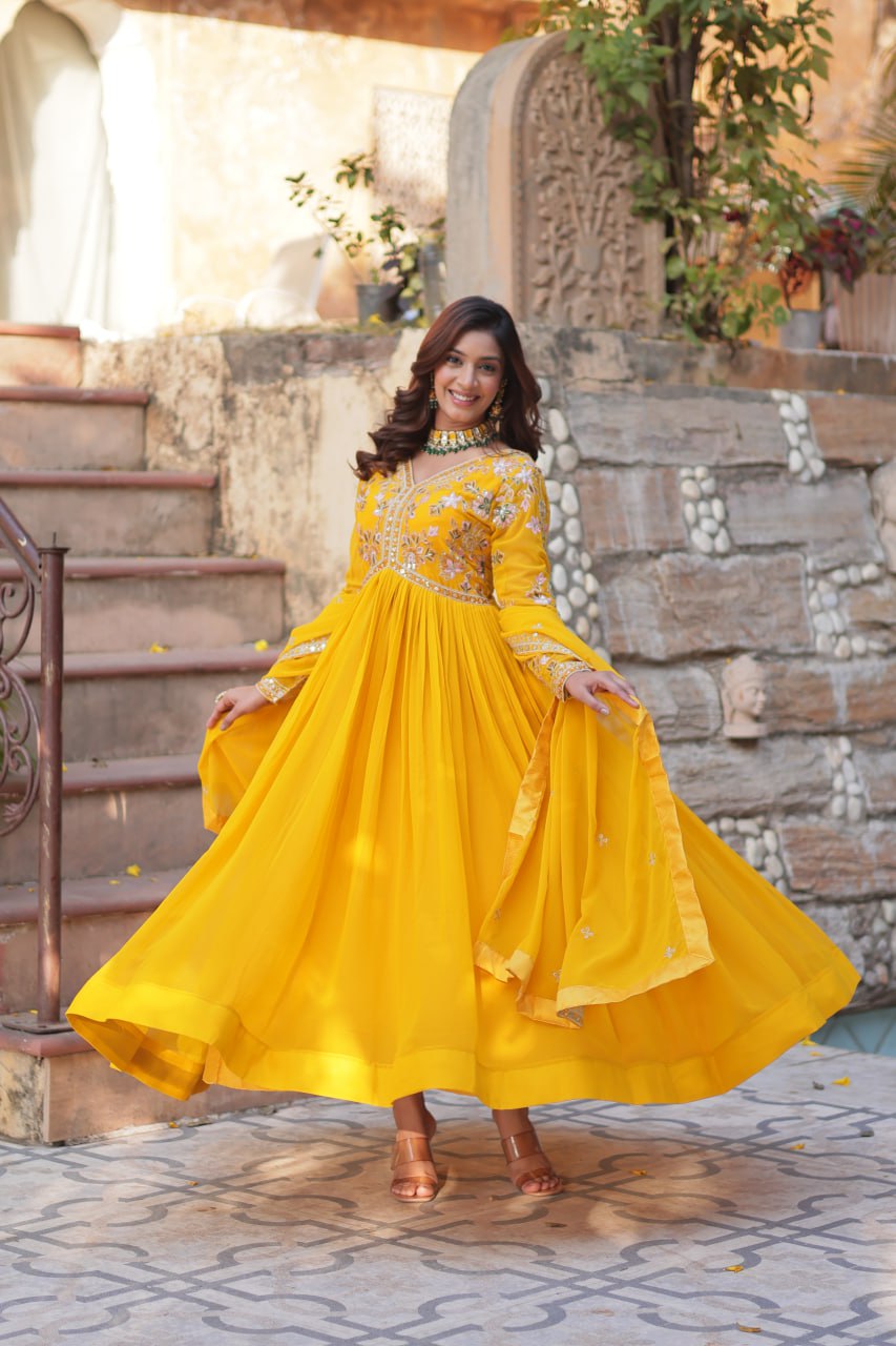 Marriage Special Yellow Color Faux Blooming With Embroidery Zari Sequins Work Designer Gown