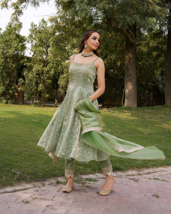 Graceful Green Color Fandy Silk With Embroidery Sequence Work Anarkali Gown
