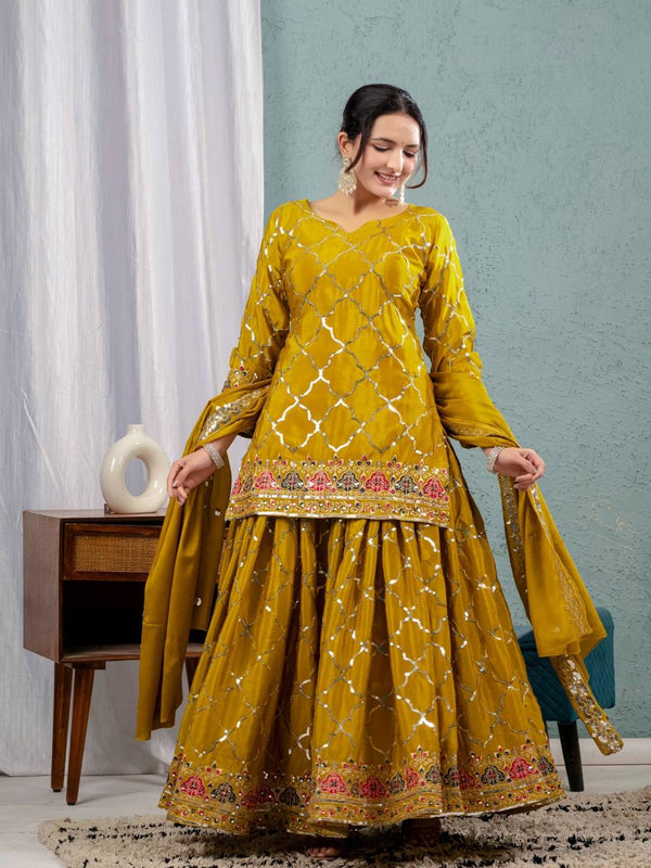 Wedding Wear Yellow Color Heavy Faux Georgette With 5mm Sequence Embroidery Work Sharara Suit
