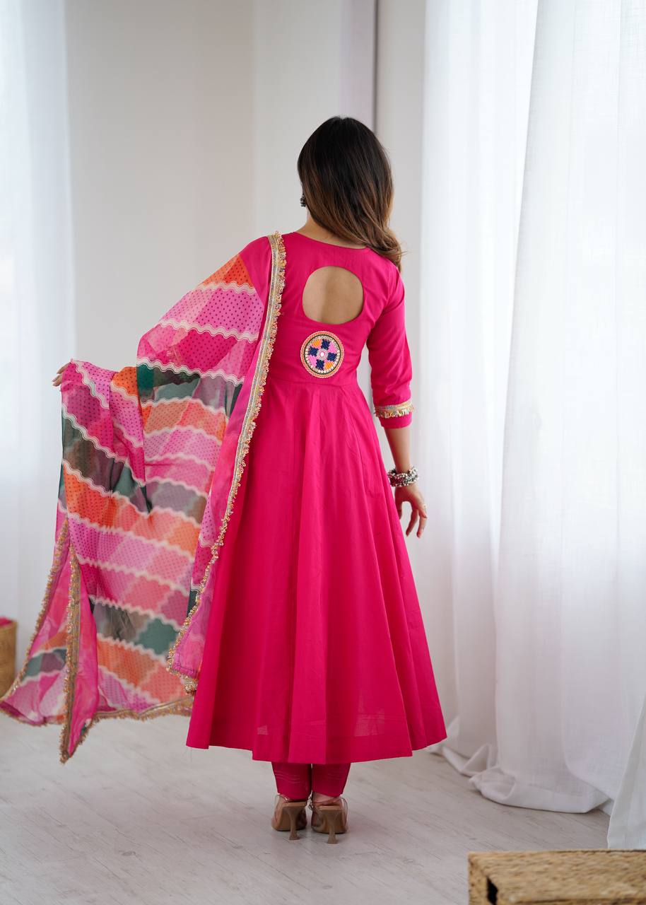 Designer Khadi Cotton Pink Color Gown Set with Dupatta