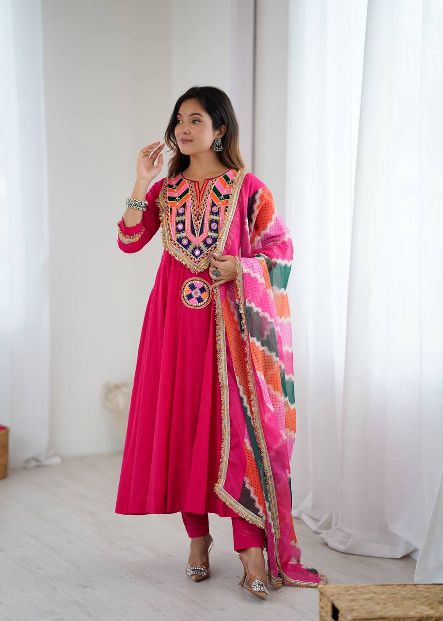 Designer Khadi Cotton Pink Color Gown Set with Dupatta