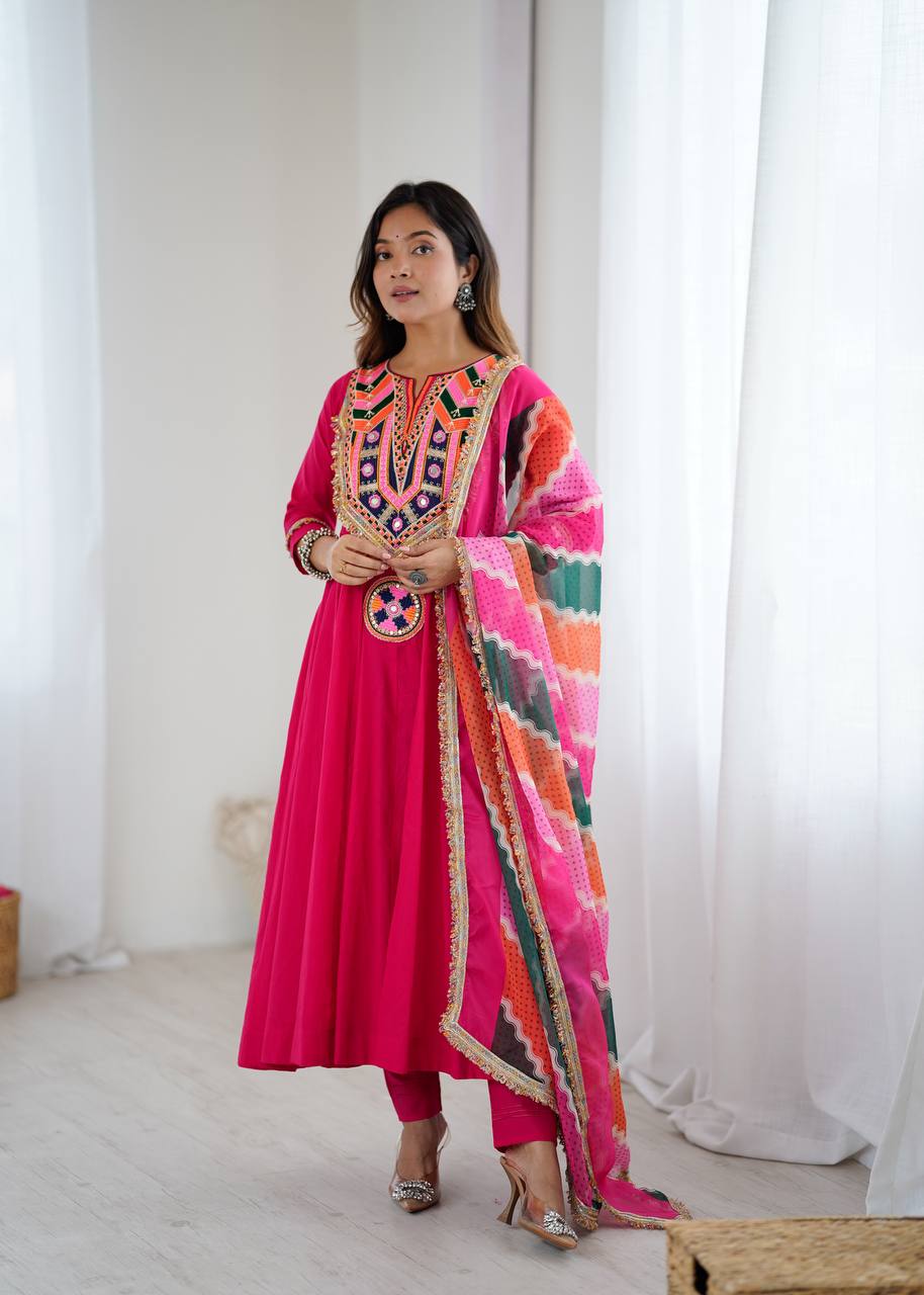 Designer Khadi Cotton Pink Color Gown Set with Dupatta