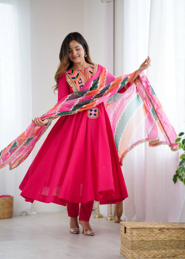 Designer Khadi Cotton Pink Color Gown Set with Dupatta
