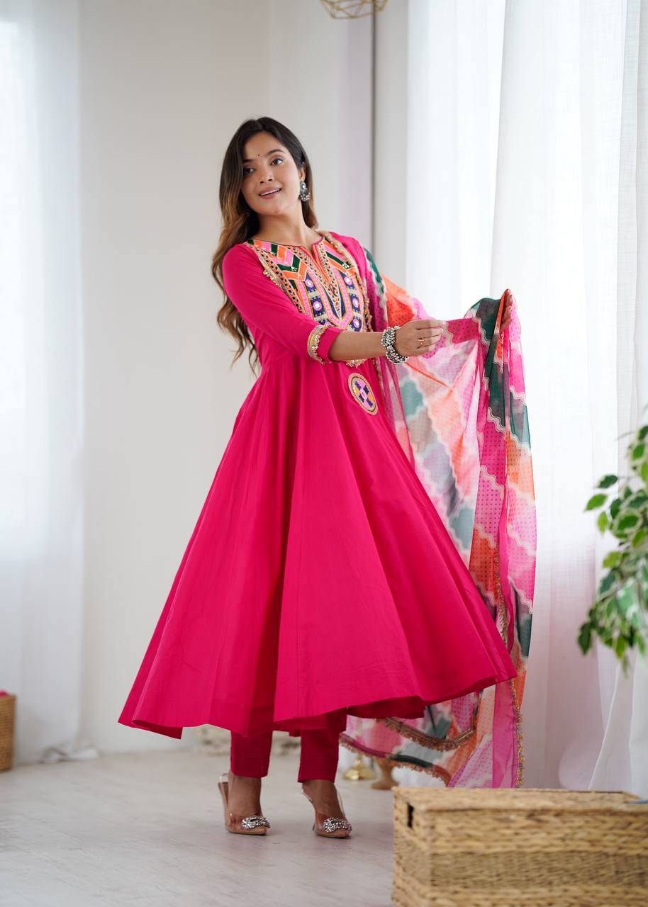 Designer Khadi Cotton Pink Color Gown Set with Dupatta
