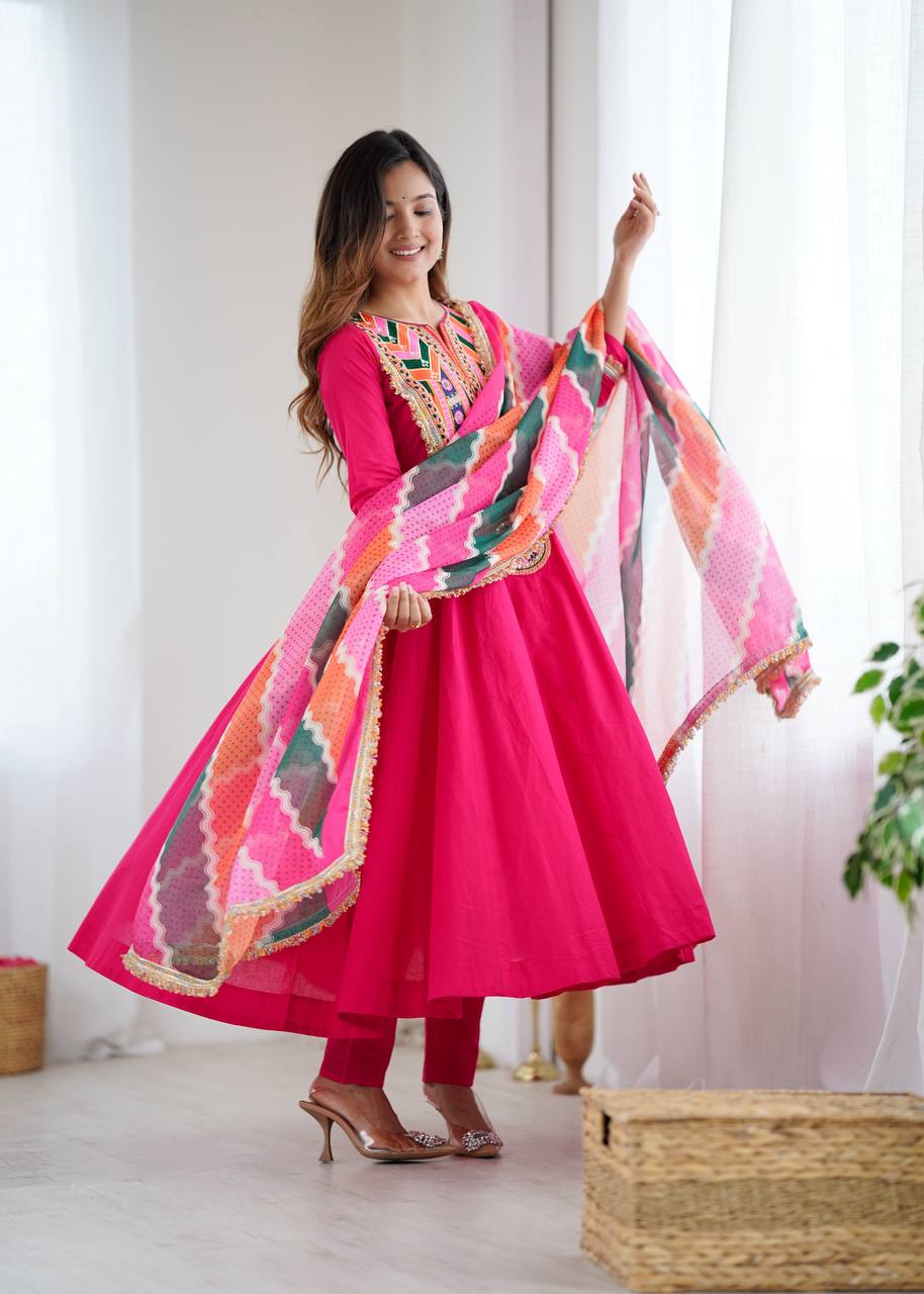 Designer Khadi Cotton Pink Color Gown Set with Dupatta