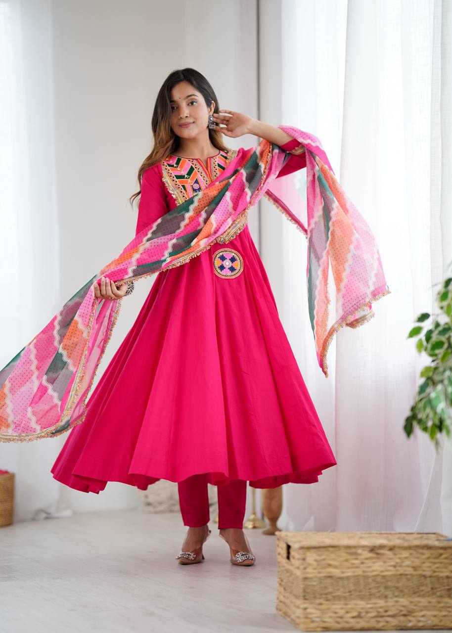 Designer Khadi Cotton Pink Color Gown Set with Dupatta