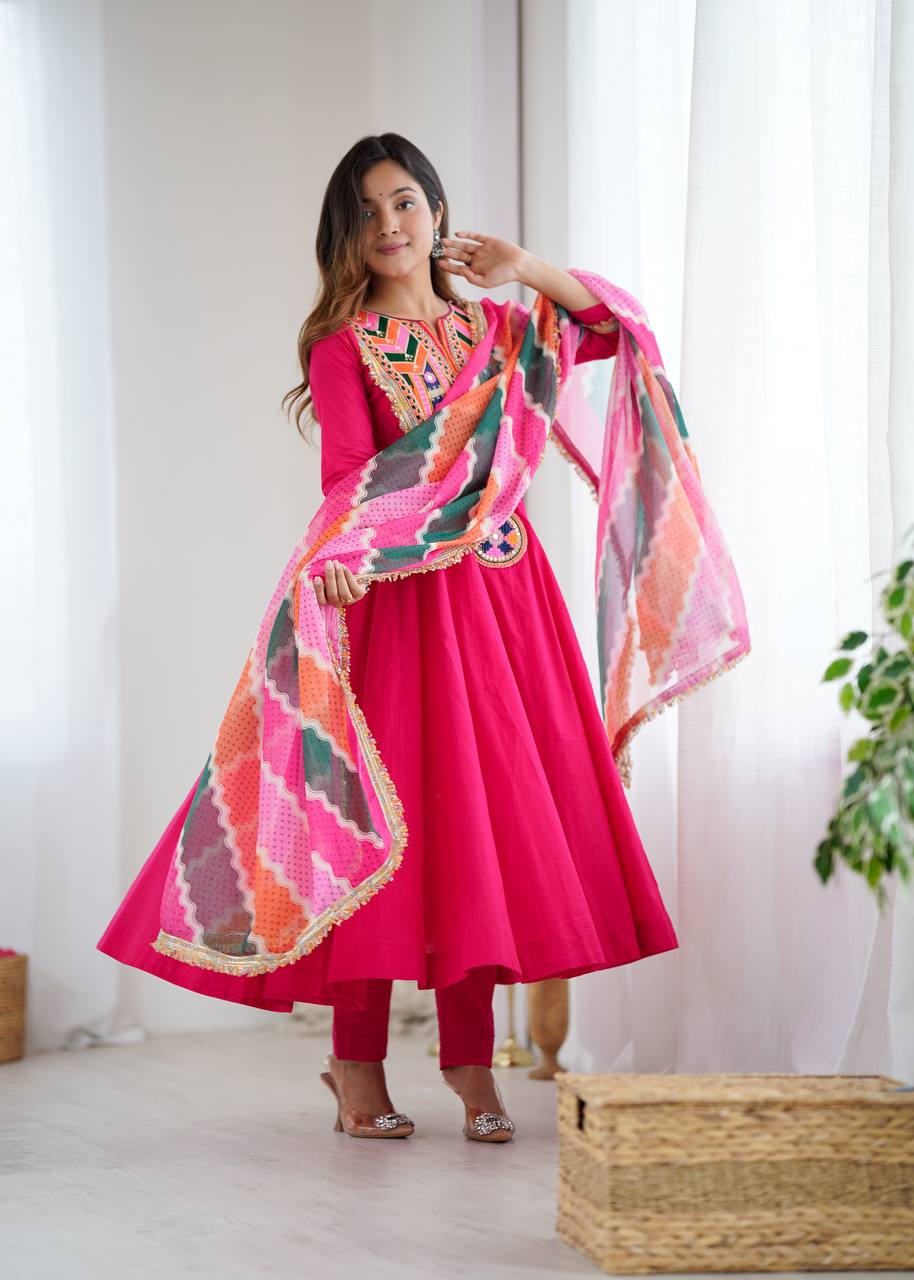 Designer Khadi Cotton Pink Color Gown Set with Dupatta