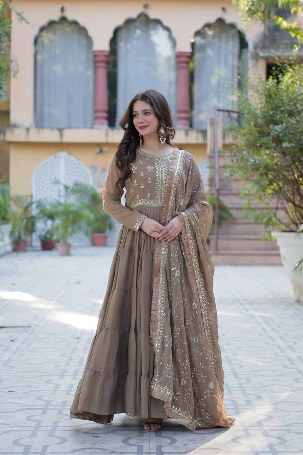 Party Wear Beige Color Star Georgette Fabrics Designer Gown With Embroidered Dupatta