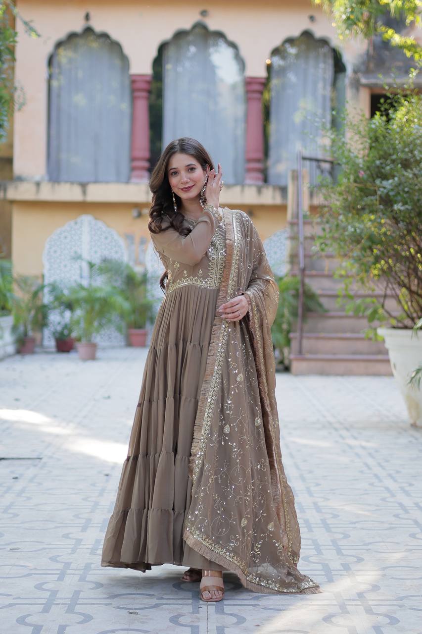 Party Wear Beige Color Star Georgette Fabrics Designer Gown With Embroidered Dupatta