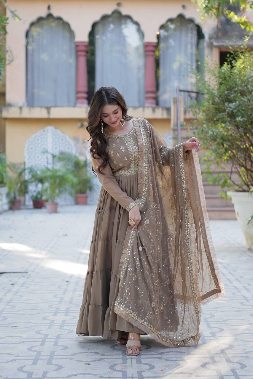 Party Wear Beige Color Star Georgette Fabrics Designer Gown With Embroidered Dupatta