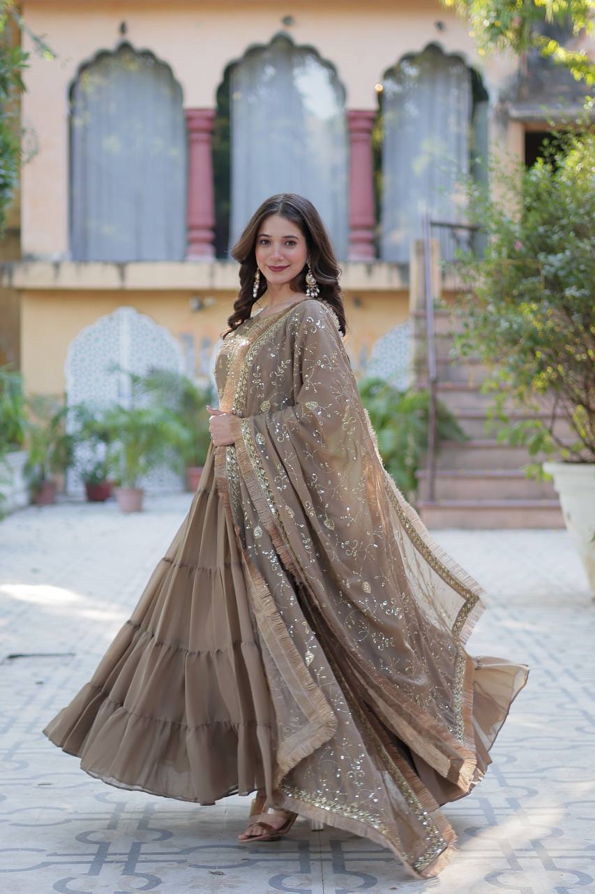Party Wear Beige Color Star Georgette Fabrics Designer Gown With Embroidered Dupatta