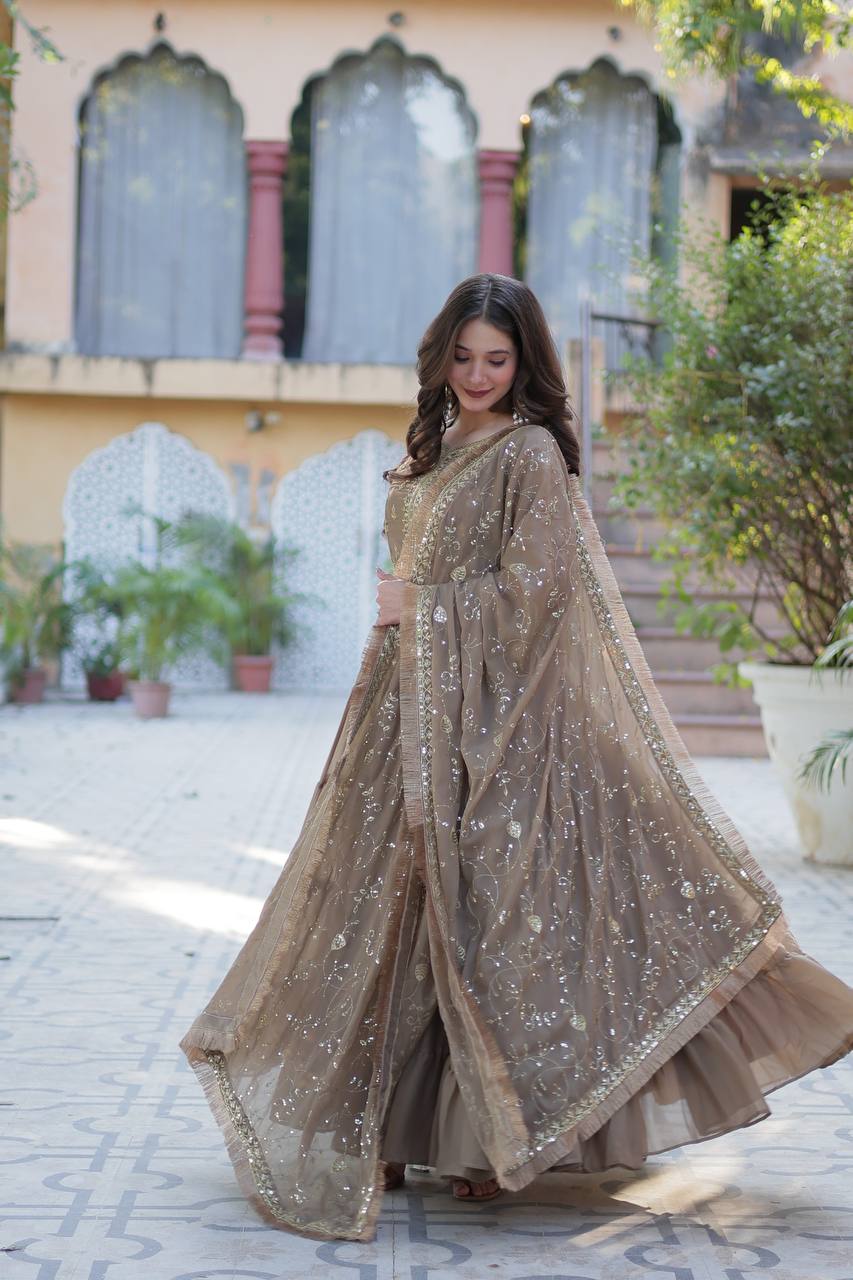 Party Wear Beige Color Star Georgette Fabrics Designer Gown With Embroidered Dupatta