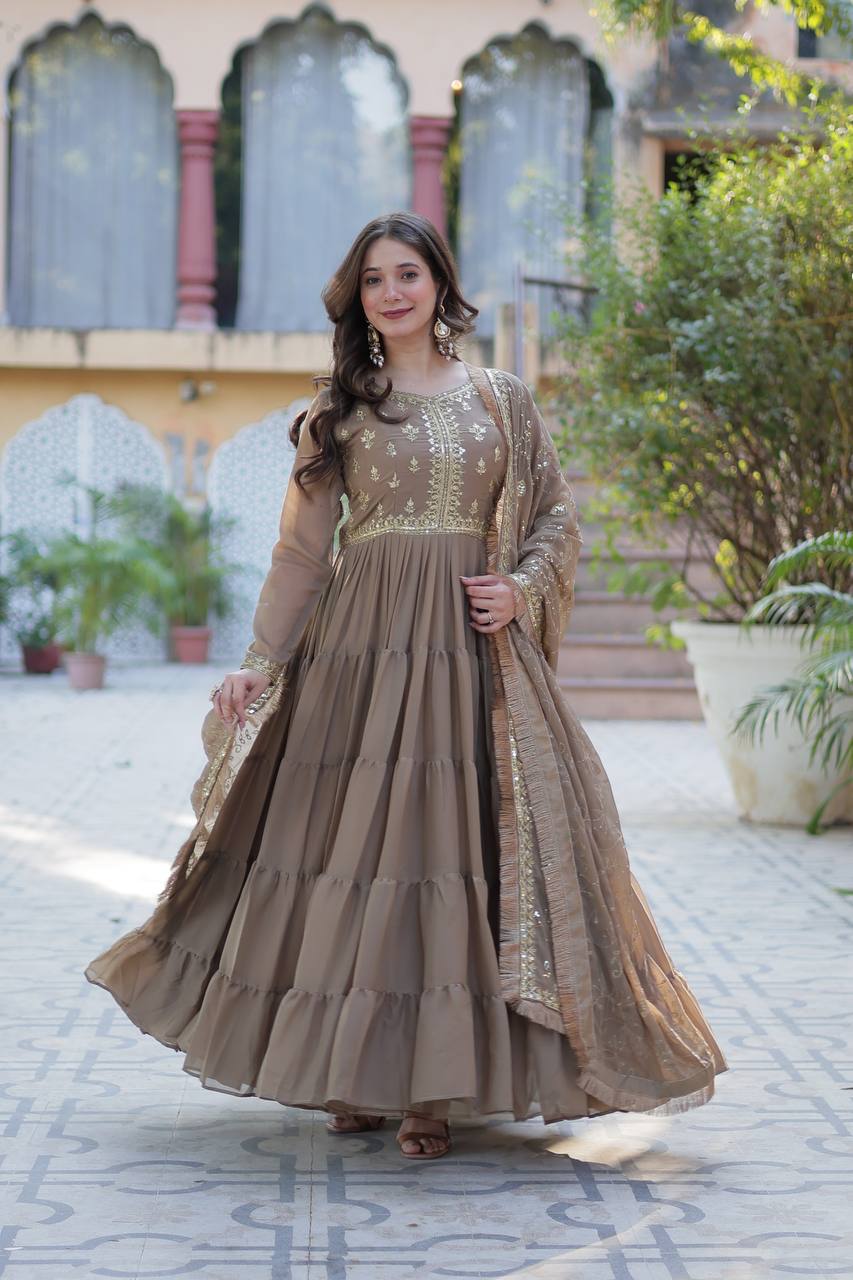 Party Wear Beige Color Star Georgette Fabrics Designer Gown With Embroidered Dupatta