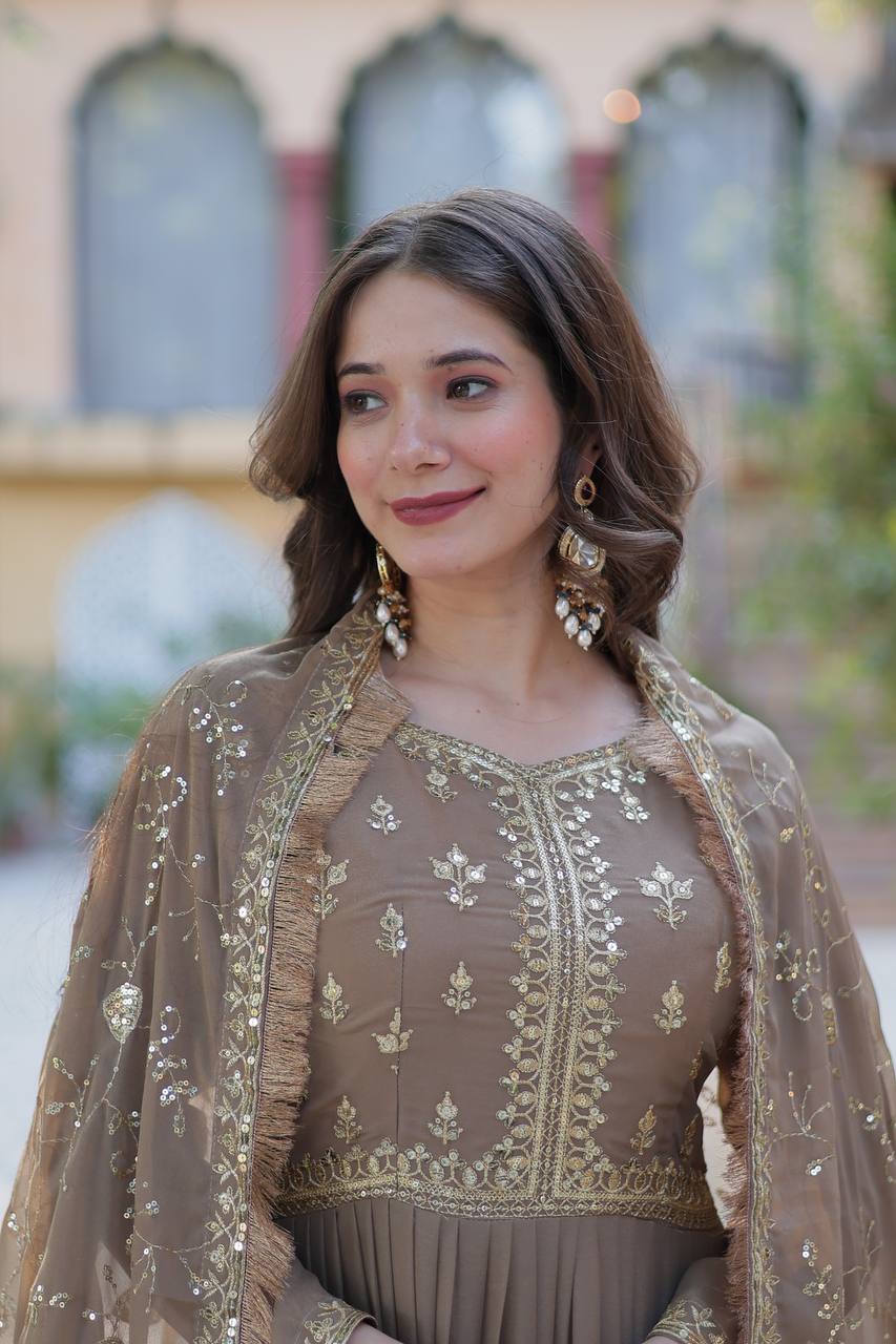 Party Wear Beige Color Star Georgette Fabrics Designer Gown With Embroidered Dupatta