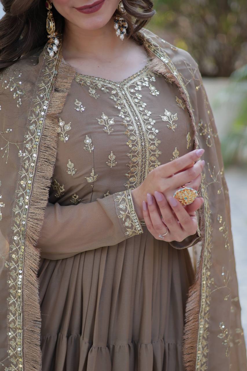Party Wear Beige Color Star Georgette Fabrics Designer Gown With Embroidered Dupatta
