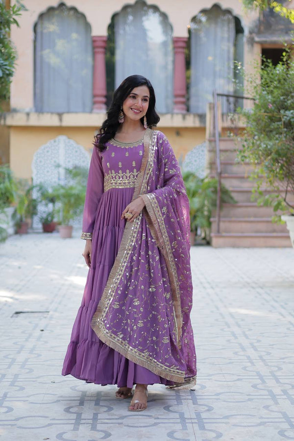Party Wear Lavender Color Star Georgette Fabrics Designer Gown With Embroidered Dupatta