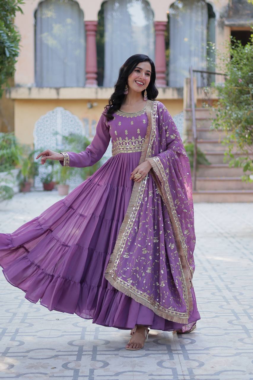 Party Wear Lavender Color Star Georgette Fabrics Designer Gown With Embroidered Dupatta