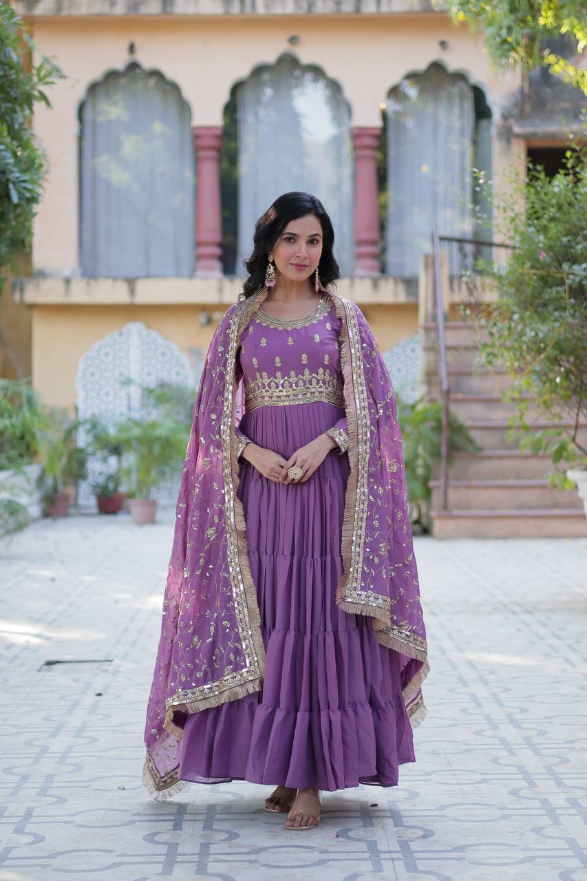 Party Wear Lavender Color Star Georgette Fabrics Designer Gown With Embroidered Dupatta