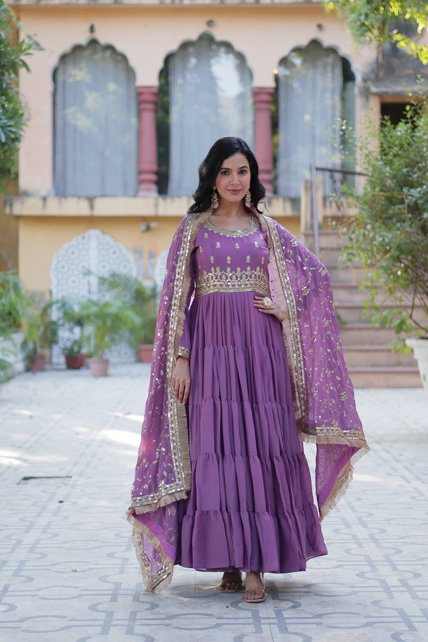 Party Wear Lavender Color Star Georgette Fabrics Designer Gown With Embroidered Dupatta